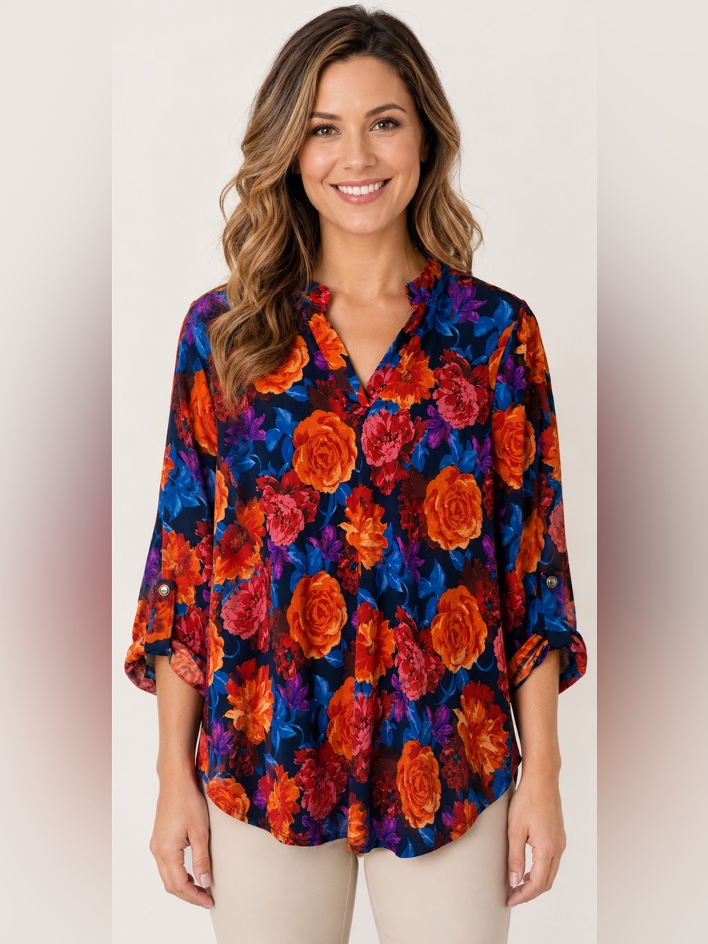 Dear Scarlett Navy Multicolor Floral Roll-Tab Sleeve Blouse Size S